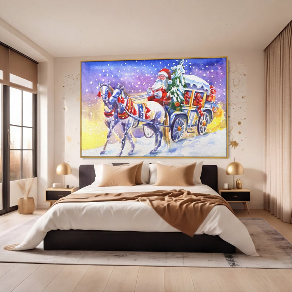 Tablou canvas cu pictura cu mos craciun in trasura, in rama de aluminiu auriu, pe perete intr-un dormitor